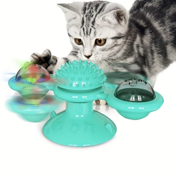 New Windmill Cat Toys Cute Rotating Interactive Cat Toy - Indoor Windmill Cat Toy With Suction Cup Catnip & Jagged Teeth Middle Ball, Smart Kitten Rotating Spinner Exercise Toy, Toothbrush & Massager - Image 5