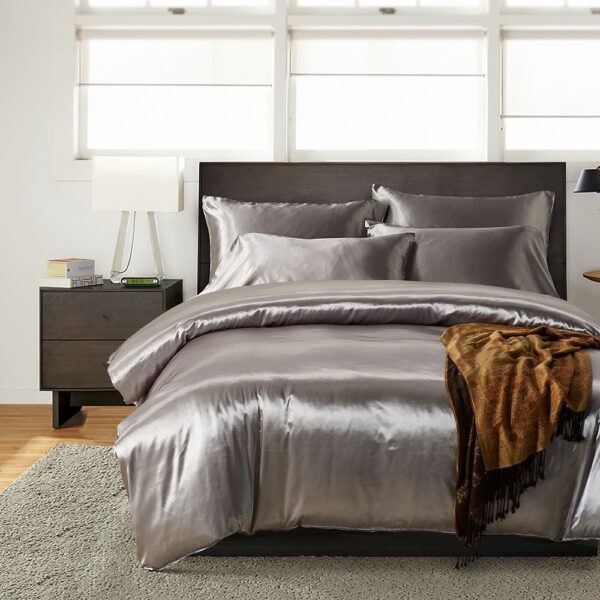Hotel Home Solid Color Imitated Silk Luxury Satin 3pcs Comforter Bedding Set - Image 3
